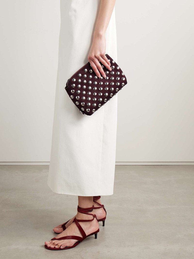 KHAITE Lina medium studded suede shoulder bag Burgundy outlook