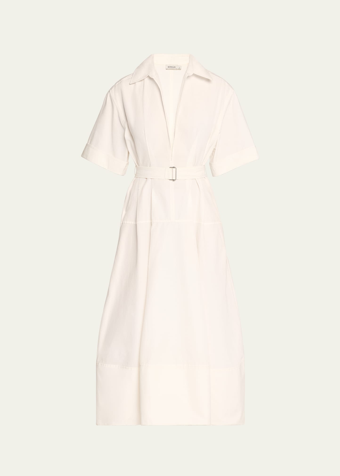 SIMKHAI Deanna Belted Poplin Short-Sleeve Midi Shirtdress | REVERSIBLE