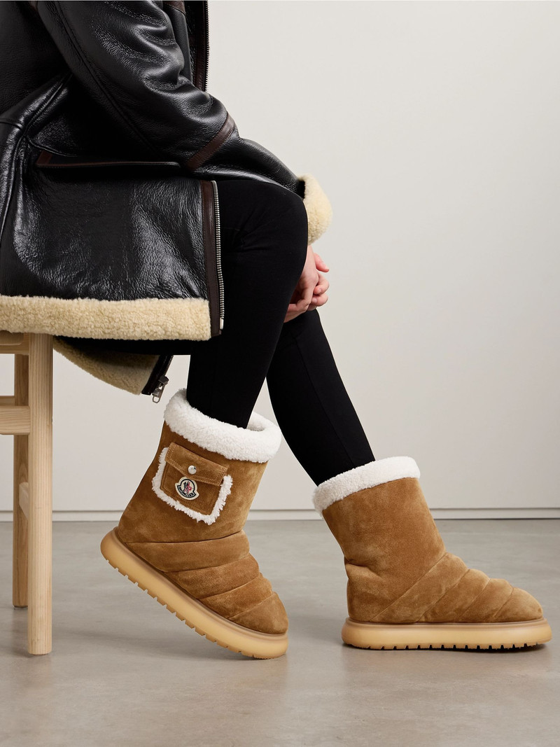 Moncler Gaia shearling-trimmed quilted suede boots Brown outlook