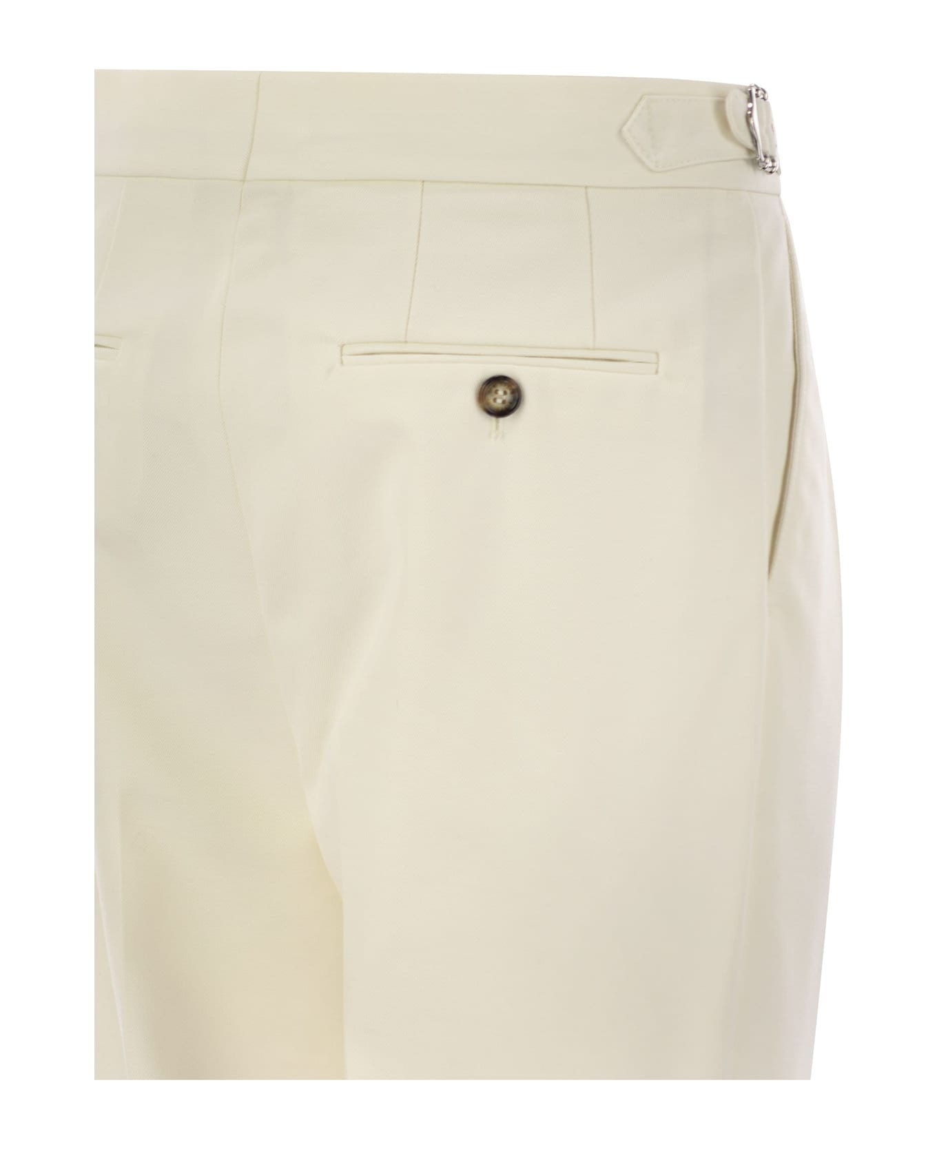 Tailor-fit Trousers In Cotton Gabardine And Virgin Wool With Double Inverted Darts And Buckles On Th - 4