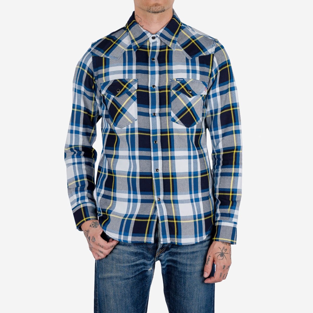 IHSH-390-BLU 9oz Selvedge American Check Western Shirt - Blue - 3