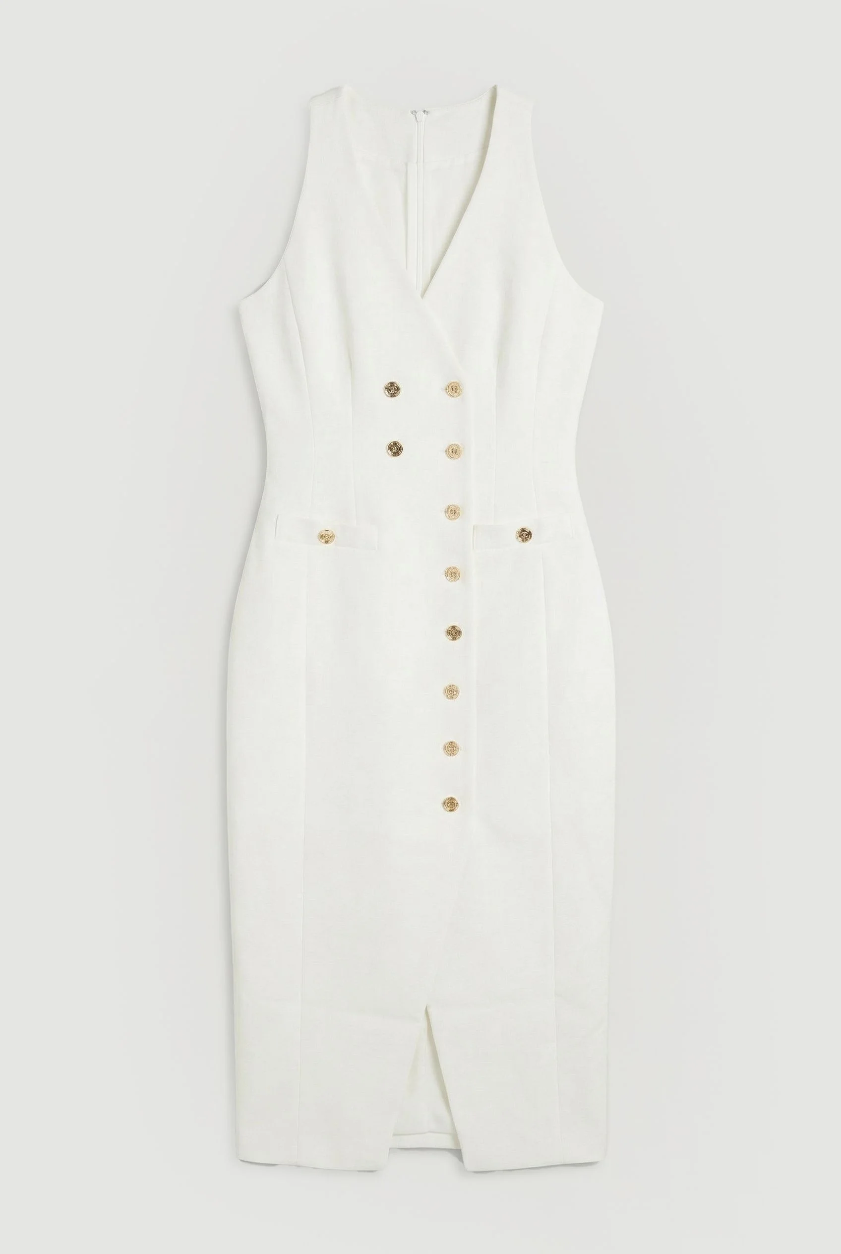 Textured Compact Stretch V Neck Button Detail Midi Dress - 1