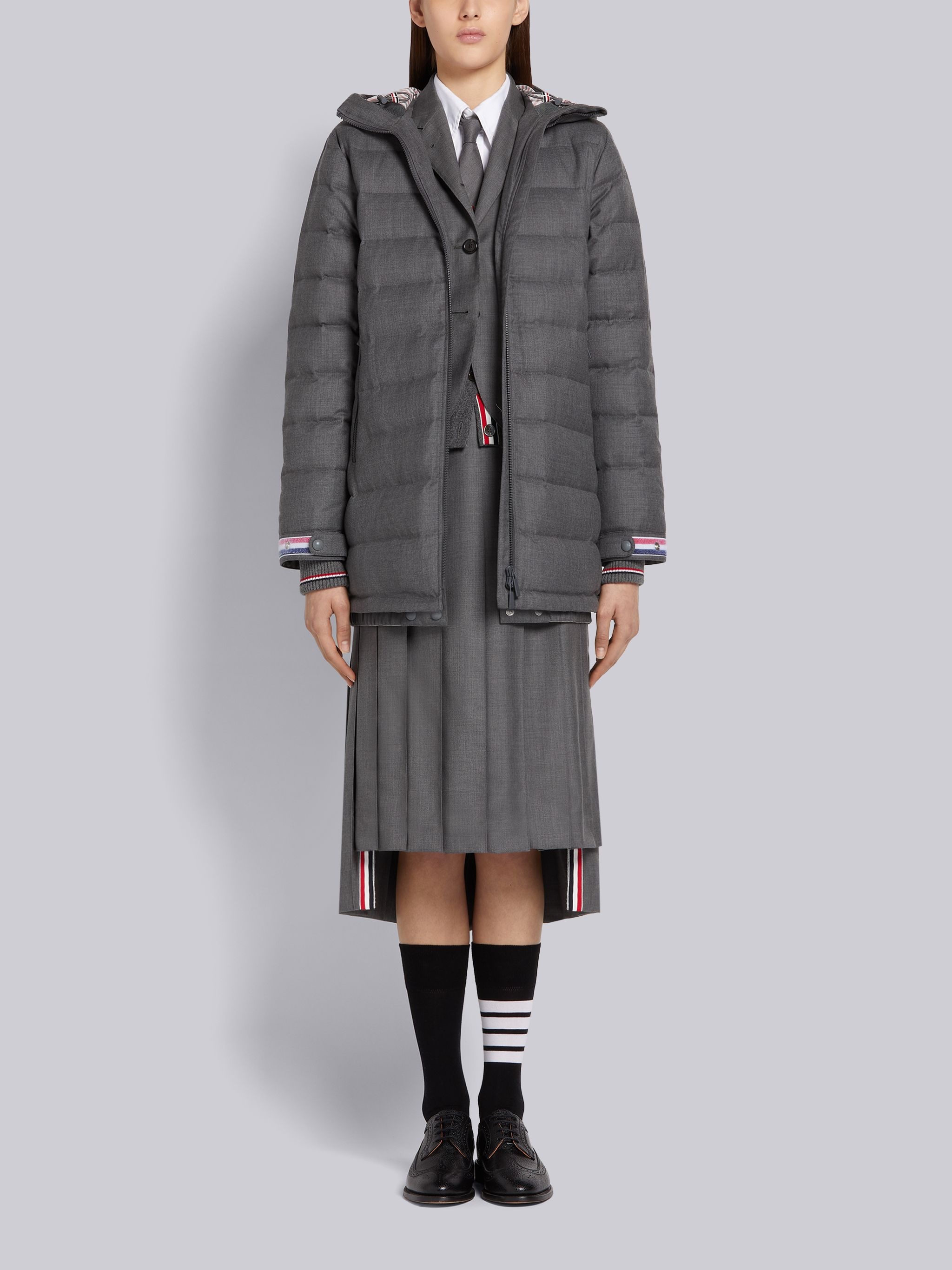 Medium Grey Down Filled Super 120s Twill Funnel Neck Coat - 3