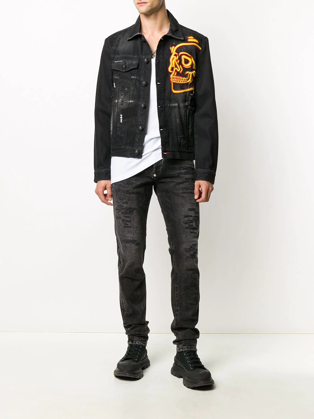 outline skull denim jacket - 2