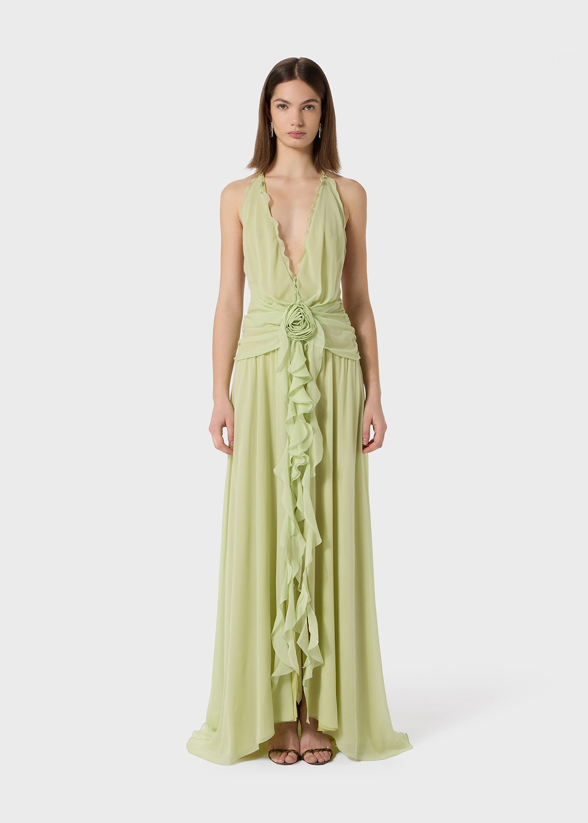 LONG GEORGETTE DRESS WITH RUFFLES AND ROSE DECORATION - 3