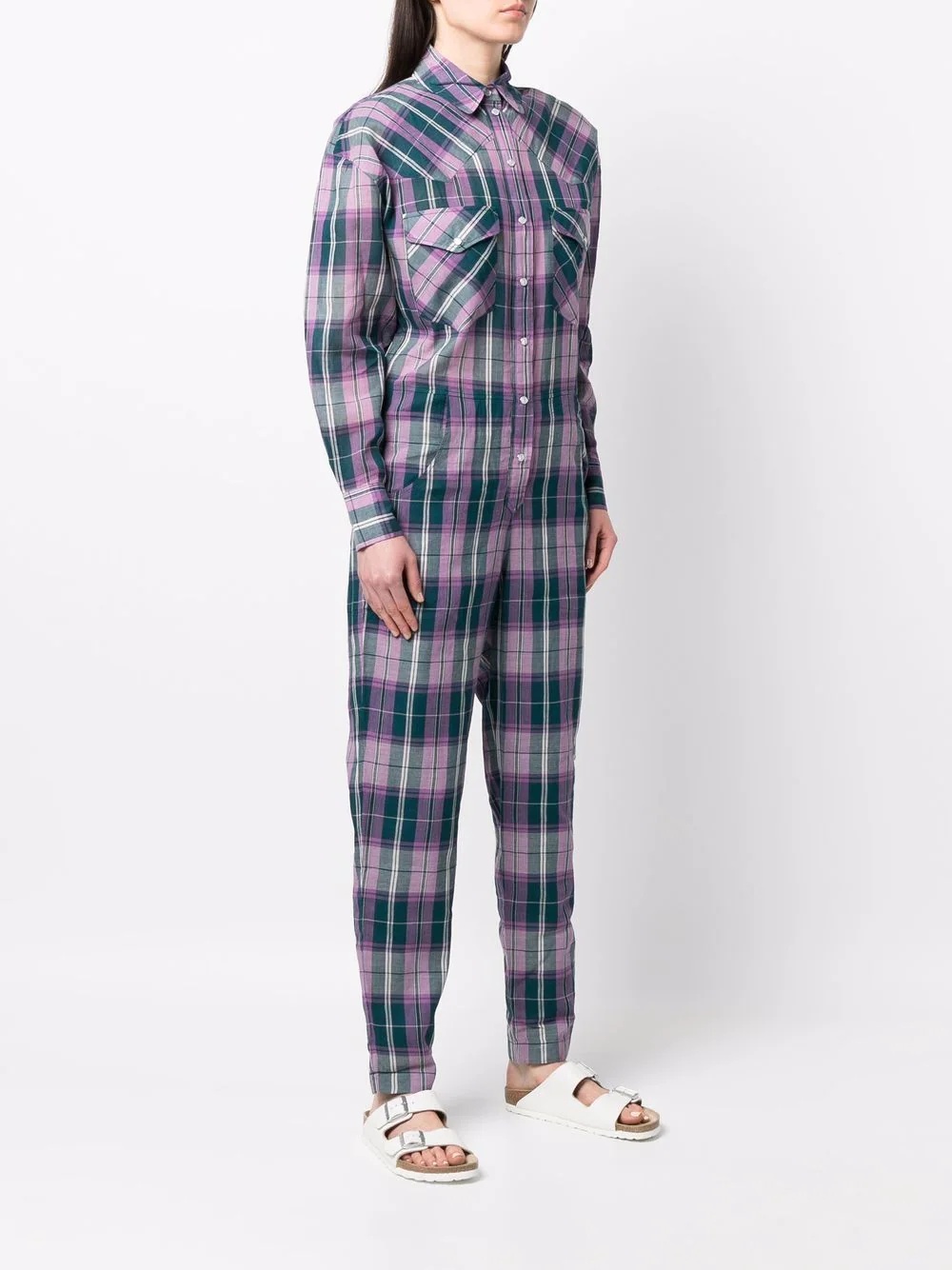 check-print button-up jumpsuit - 3
