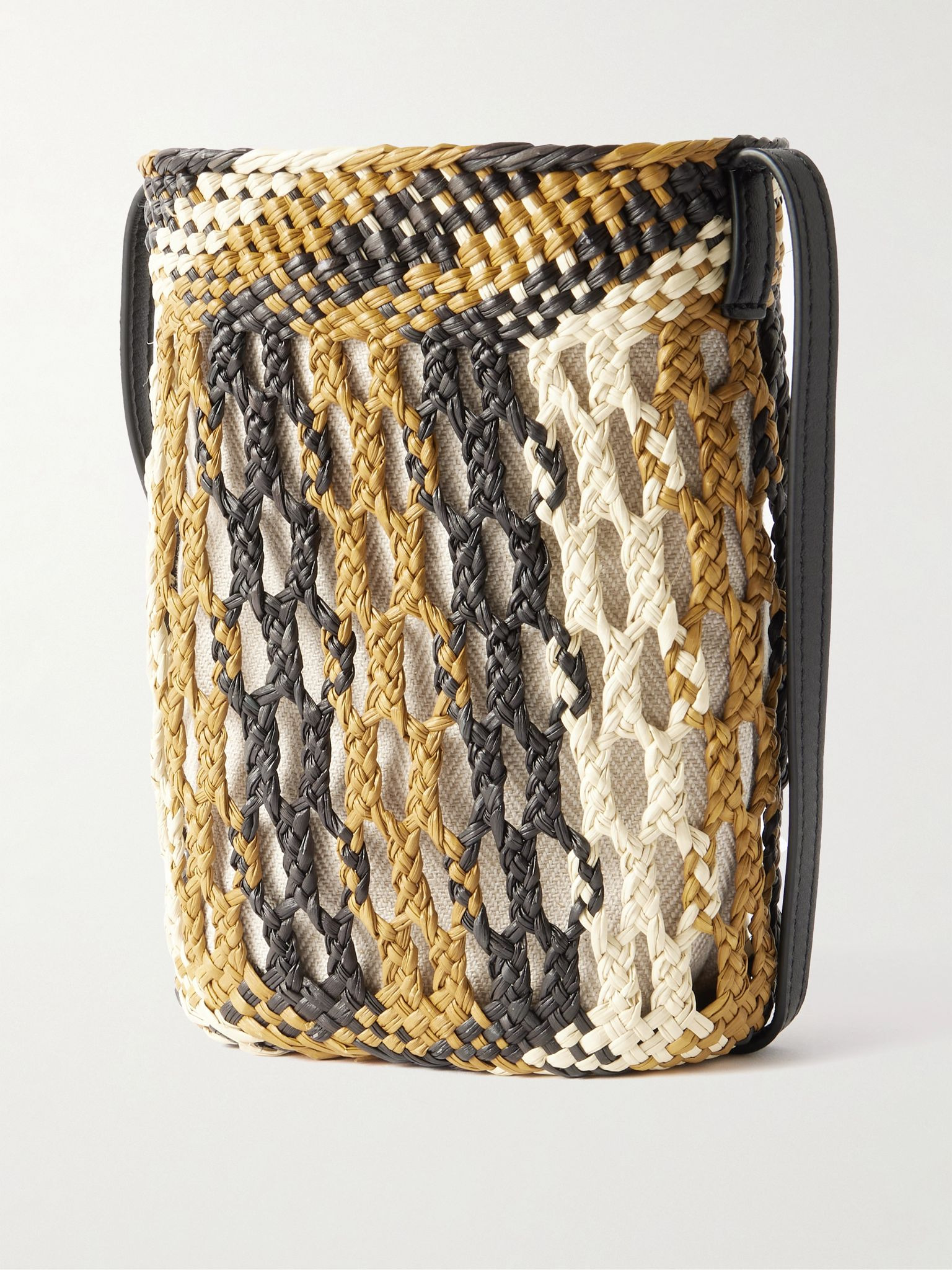 + Paula's Ibiza Leather-Trimmed Striped Raffia Bucket Bag Neutral - 3