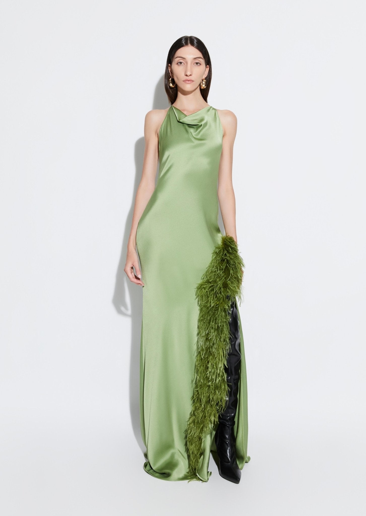 Satin Halter Gown With Feathers - 2