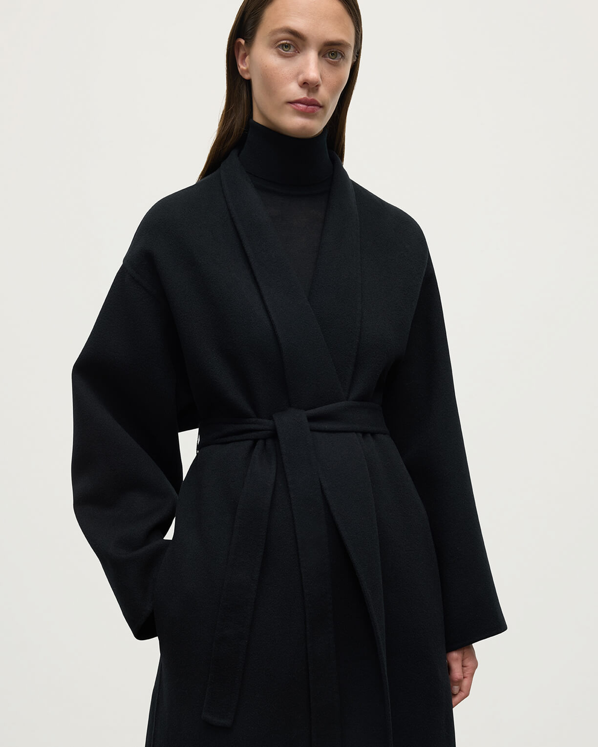 Black Cashmere Wrap Coat - 5