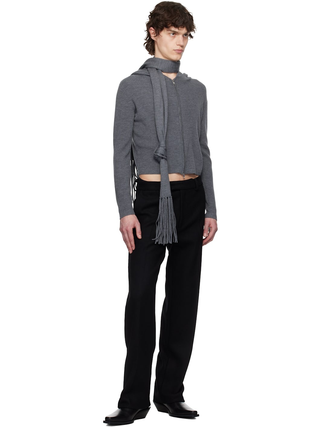 Gray Knitted Scarf & Hoodie Set - 5