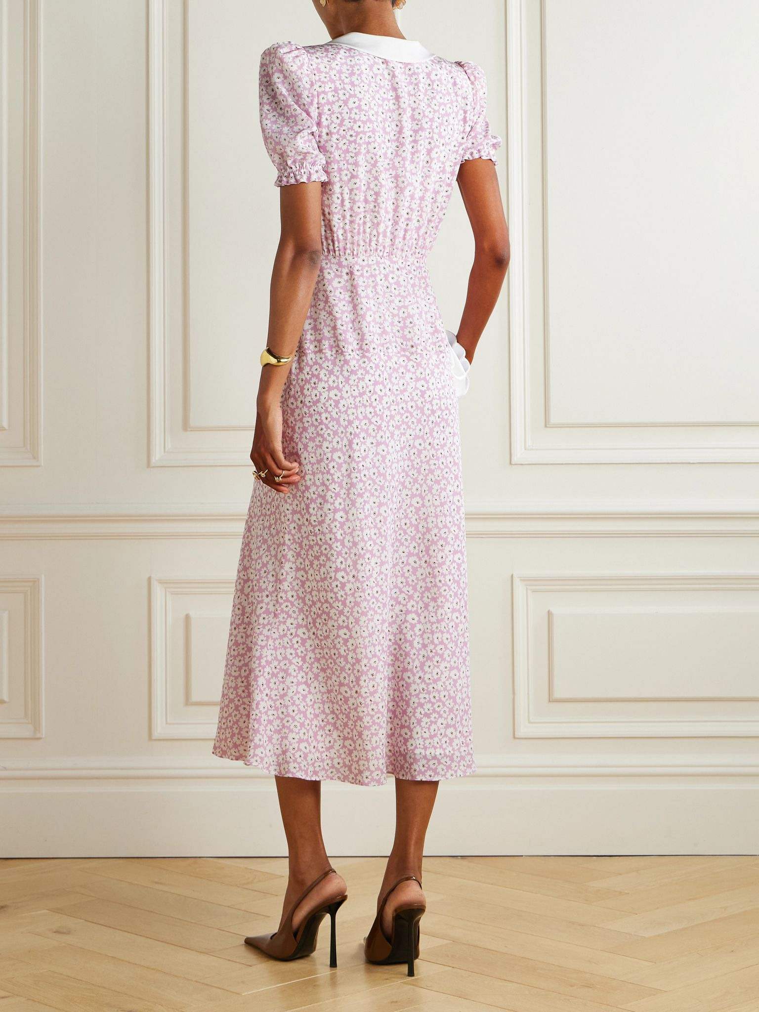 Crepe-trimmed gathered floral-print silk midi dress Pink - 3