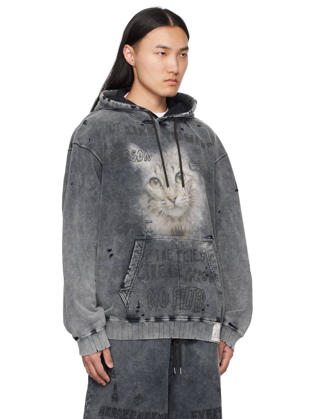 Black Bleached Cat Print Hoodie - 2