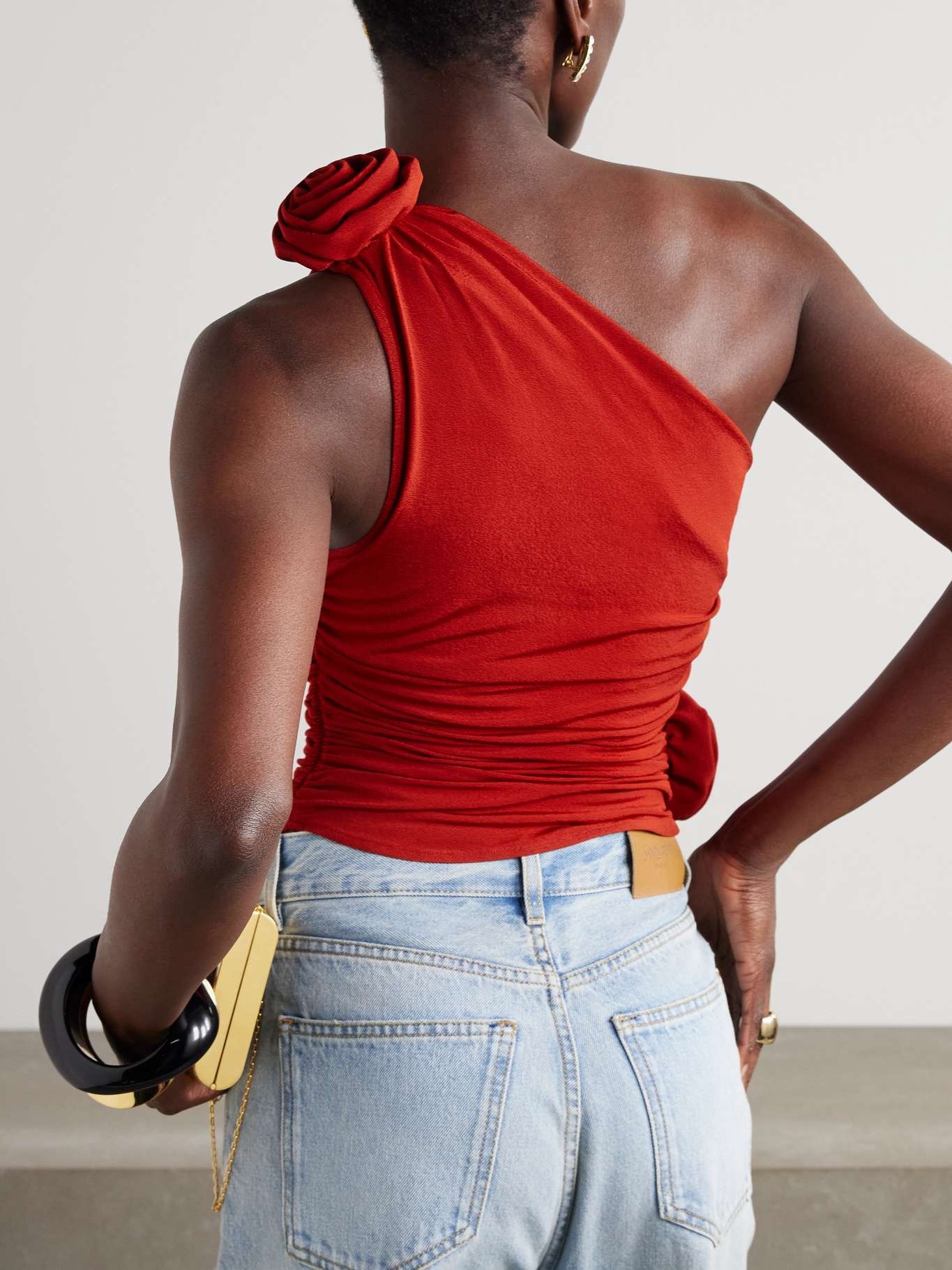 One-shoulder appliquéd ruched jersey top Red - 3