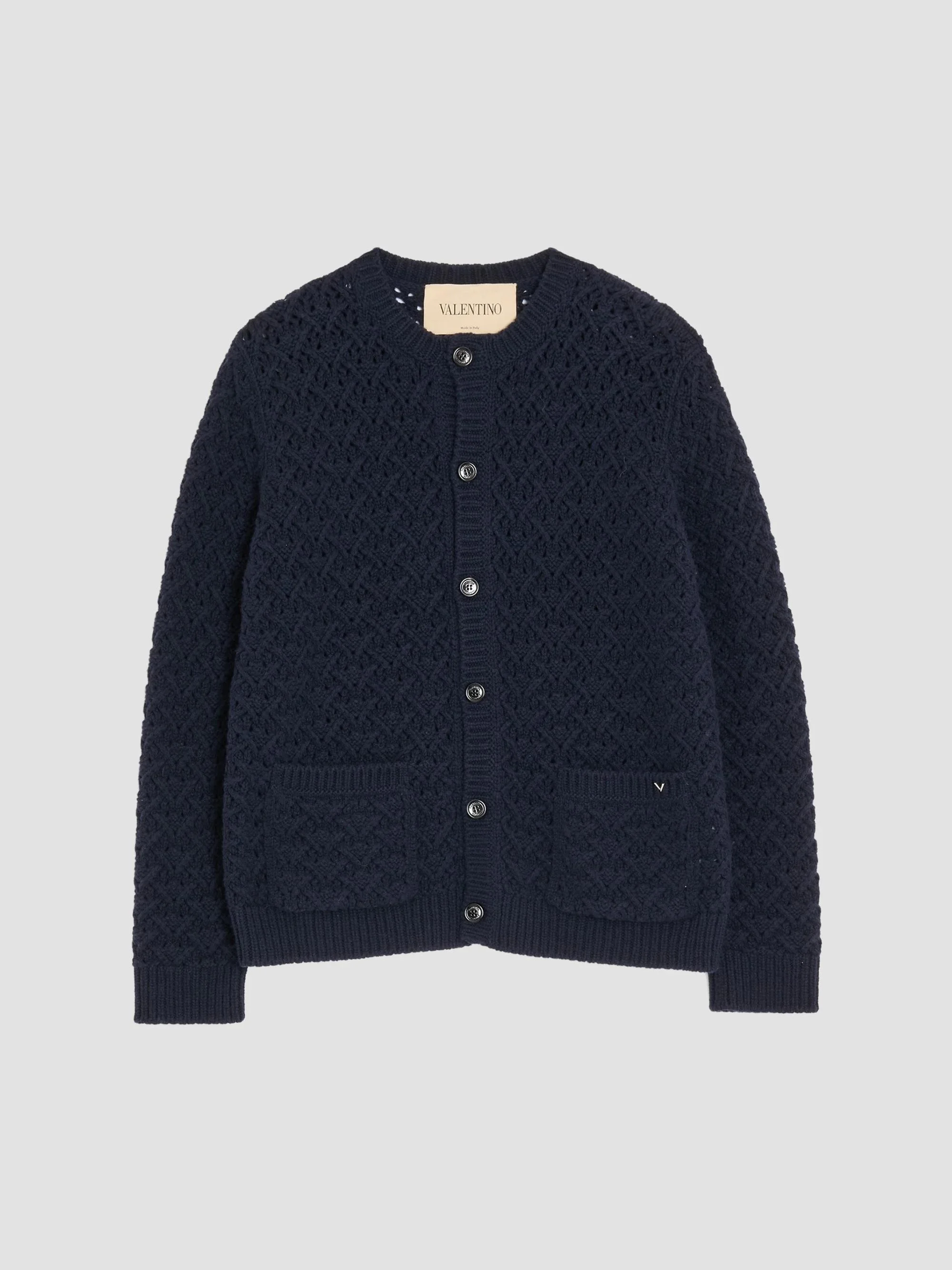 Men's Wool and Cashmere Cardigan with Metallic V Detail - Navy - 1