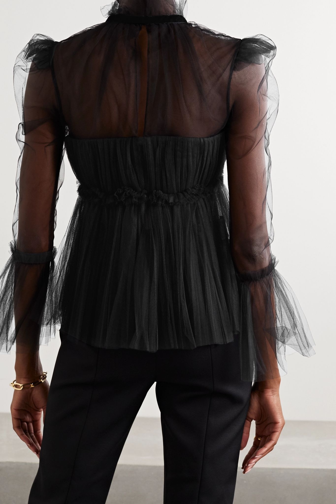 Dominika velvet-trimmed pleated tulle blouse - 3