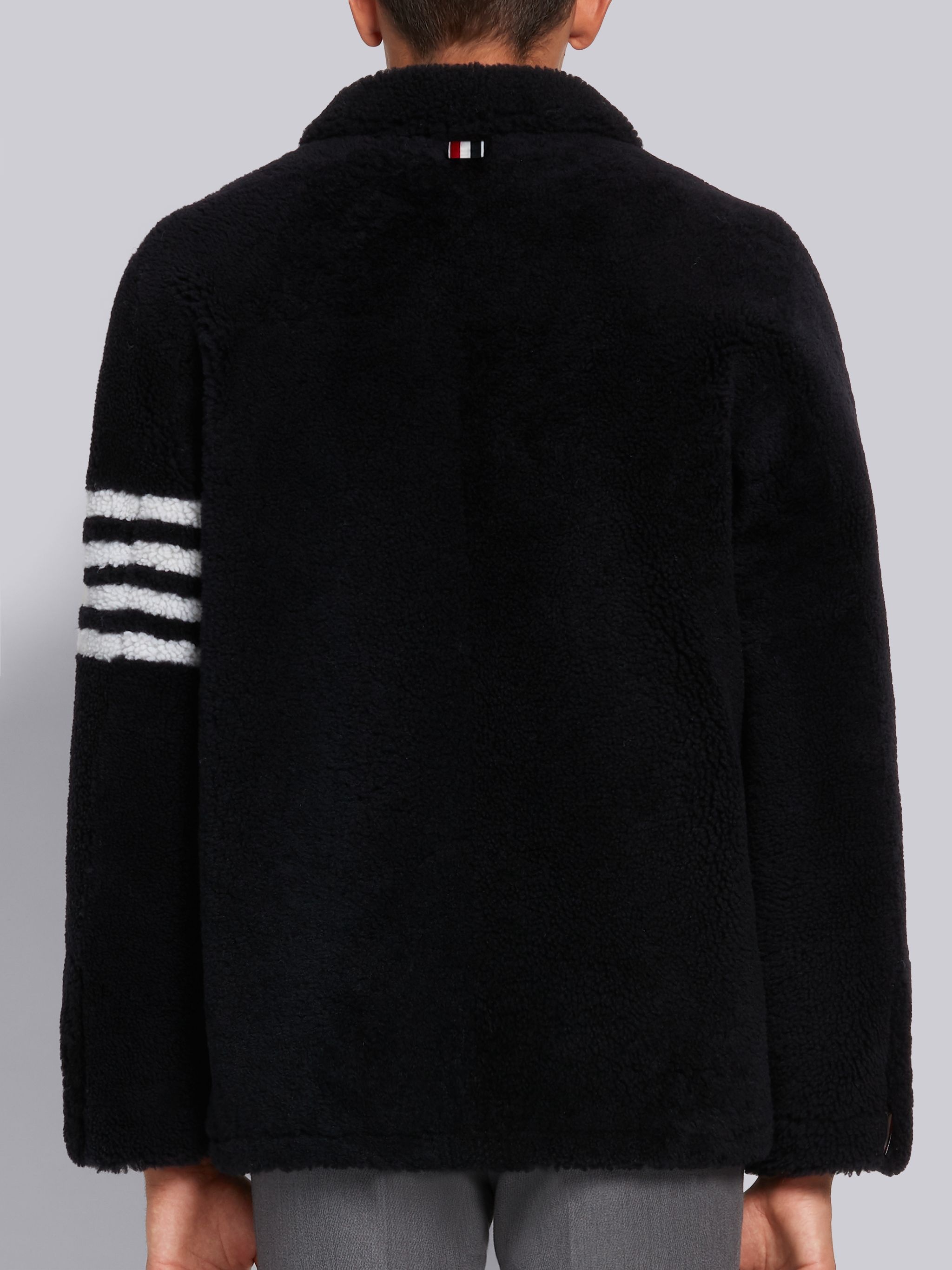 Navy Dyed Shearling Round Collar 4-Bar Sack Jacket - 3
