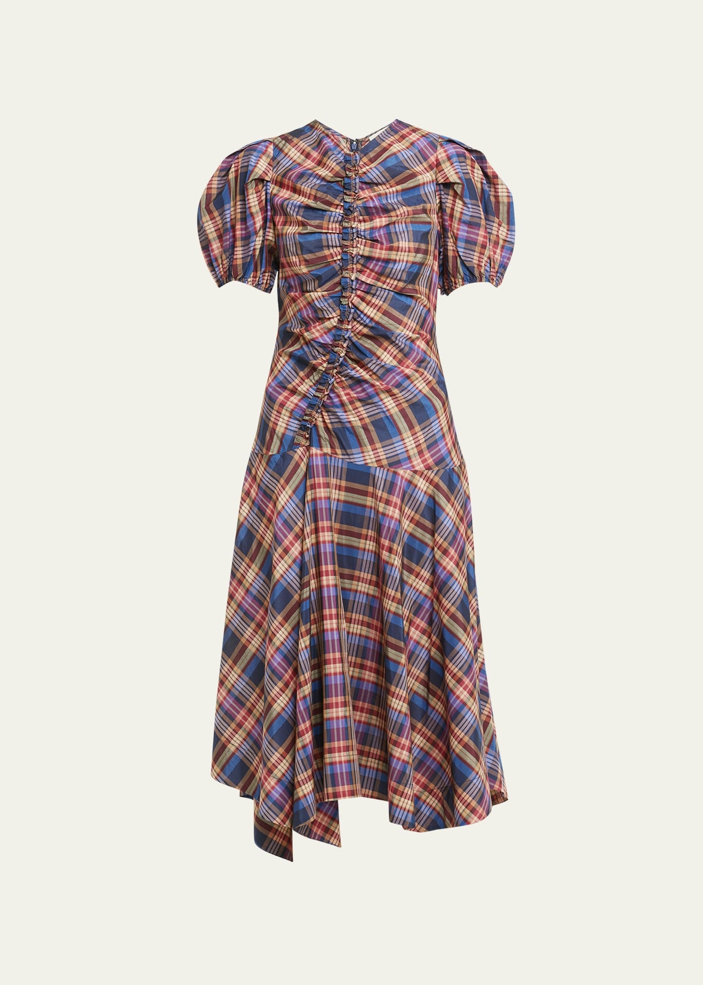 Heleen Puff-Sleeve Silk Cotton Plaid Midi Dress - 1