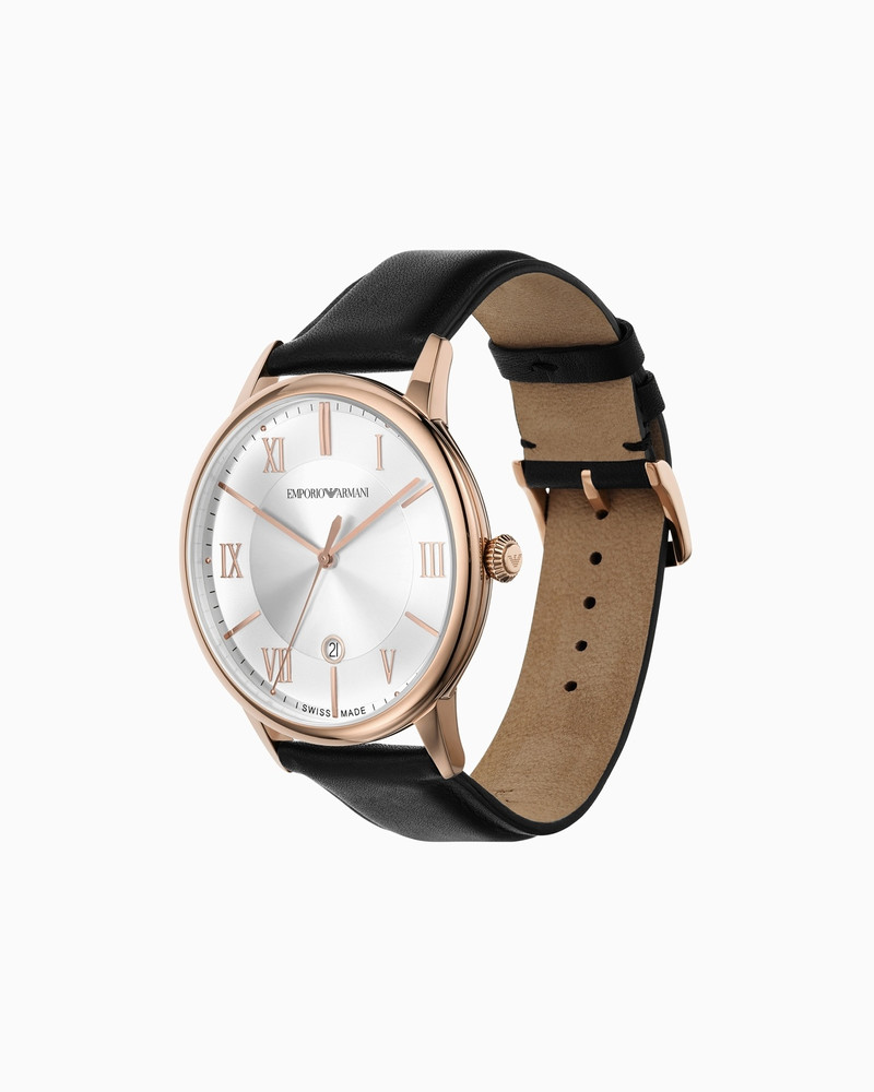 EMPORIO ARMANI SWISS MADE THREE-HAND DATE BLACK LEATHER WATCH outlook