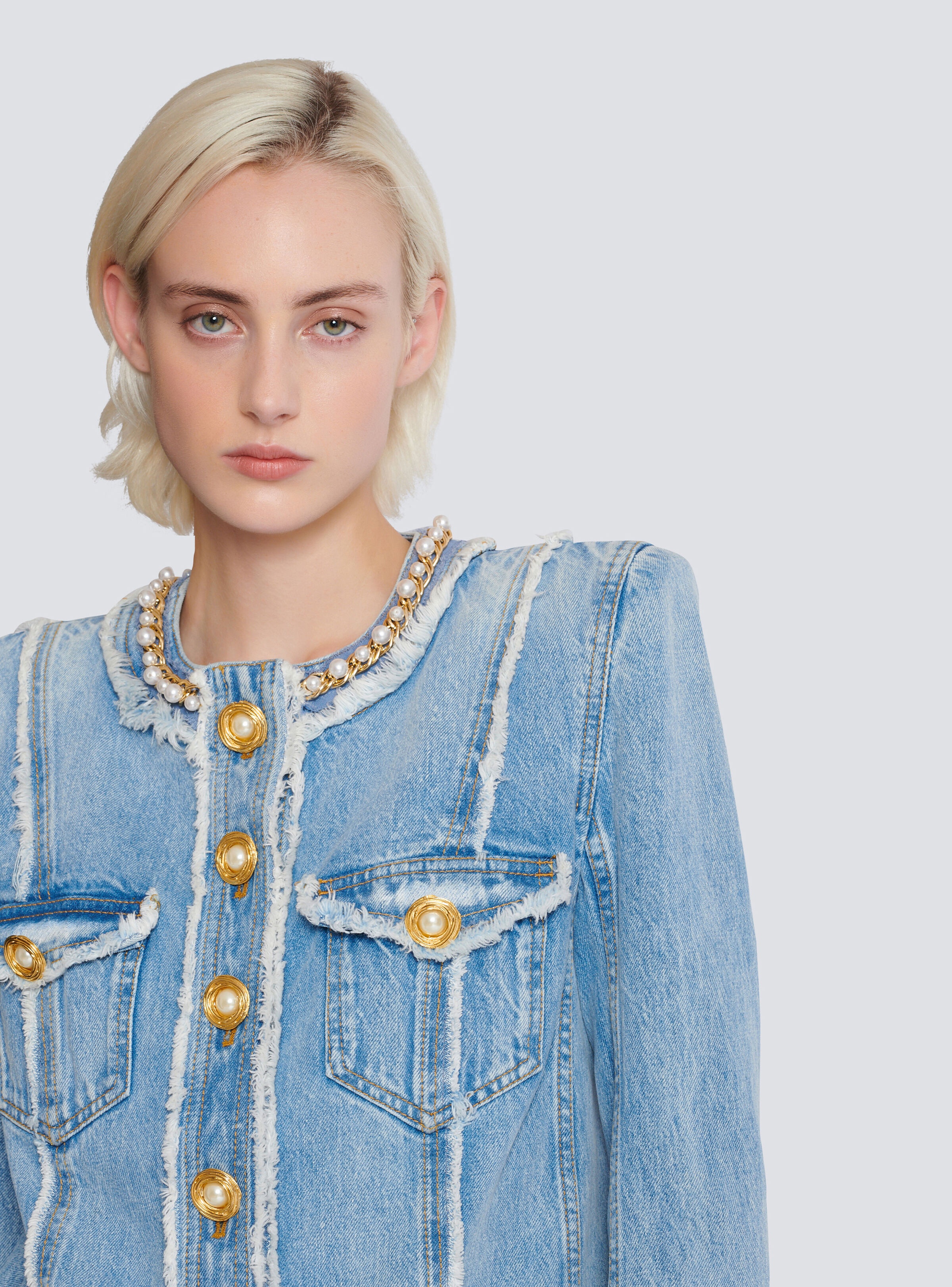 Denim jacket with pearl trim - 8