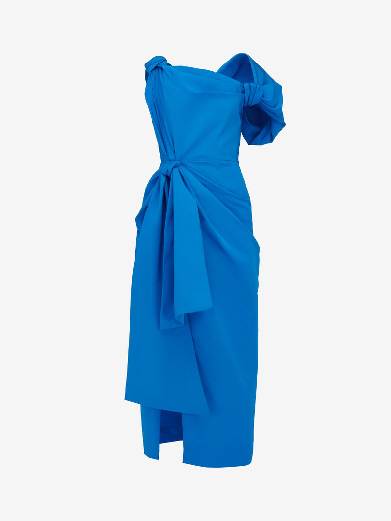 Women's Knotted Asymmetric Pencil Dress in Lapis Blue 1