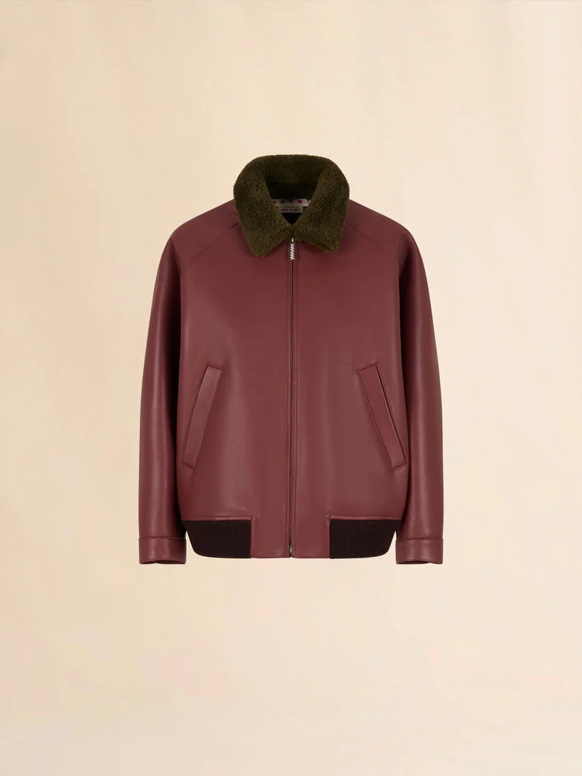 BURGUNDY LEATHER JACKET WITH SHEARLING COLLAR - 1
