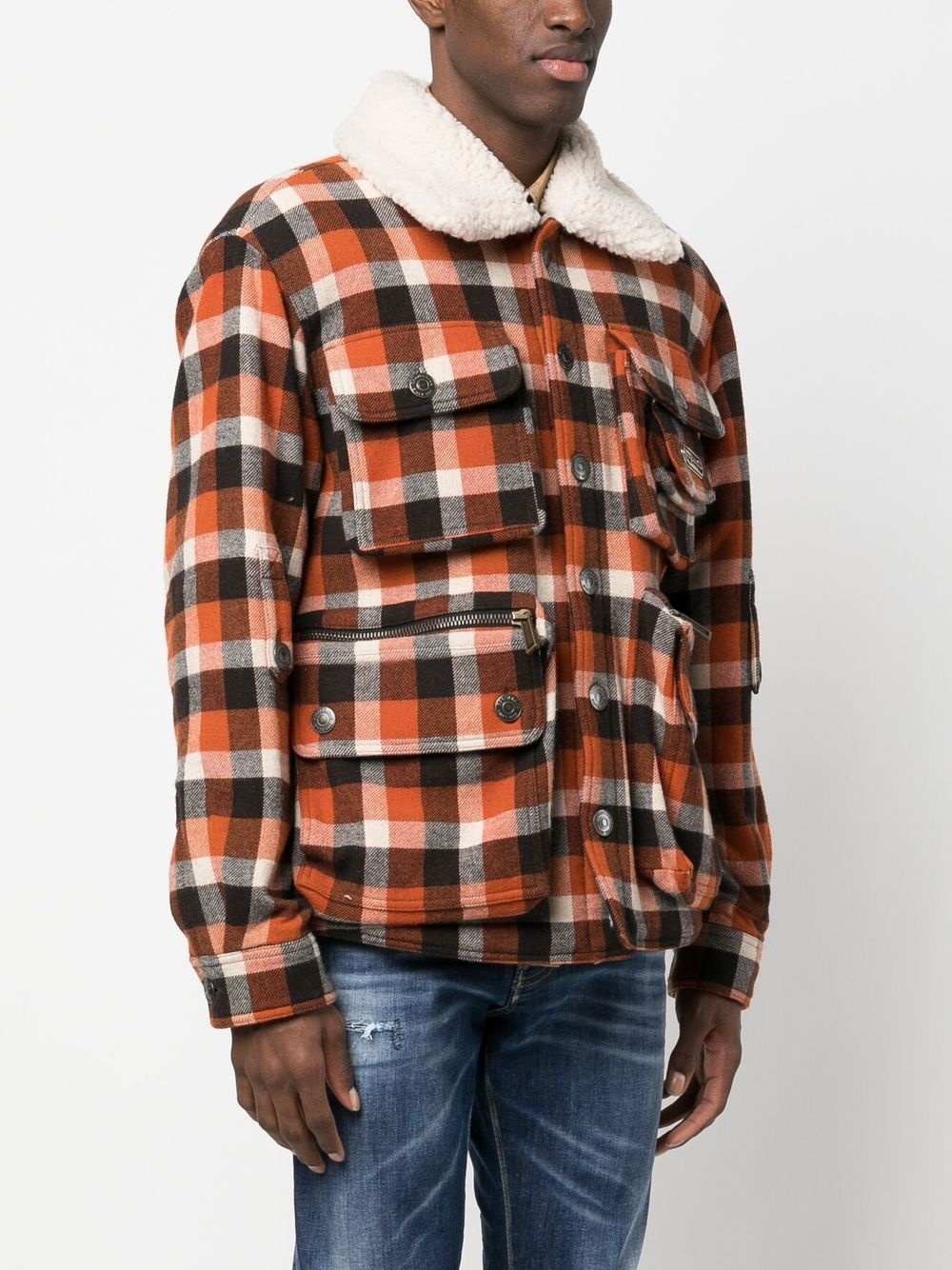 check-print shearling jacket - 3