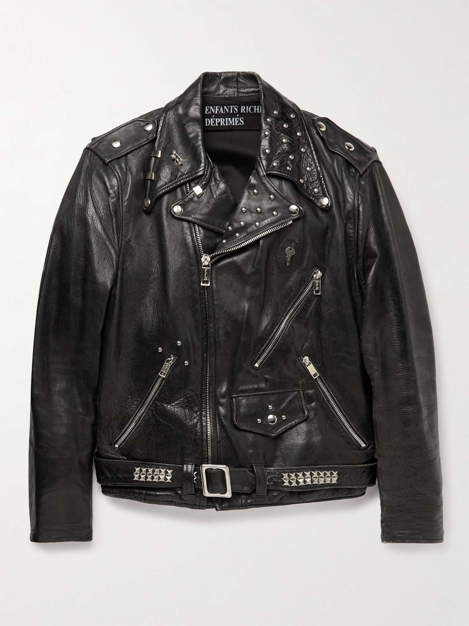 Distressed Embellished Leather Biker Jacket - 1