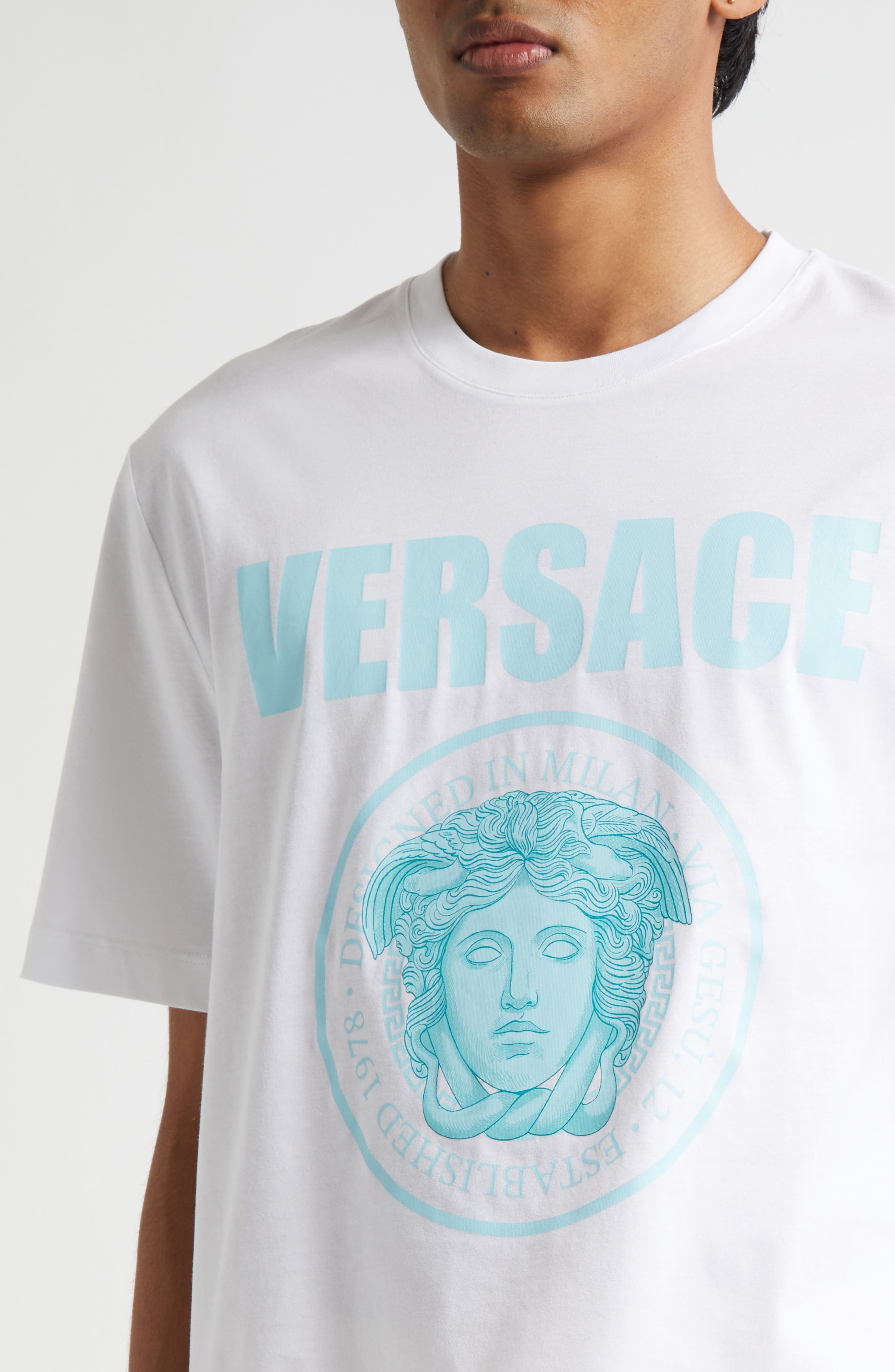 Versace Medusa Compact Cotton Jersey Graphic T-Shirt in Optical White at Nordstrom - 4