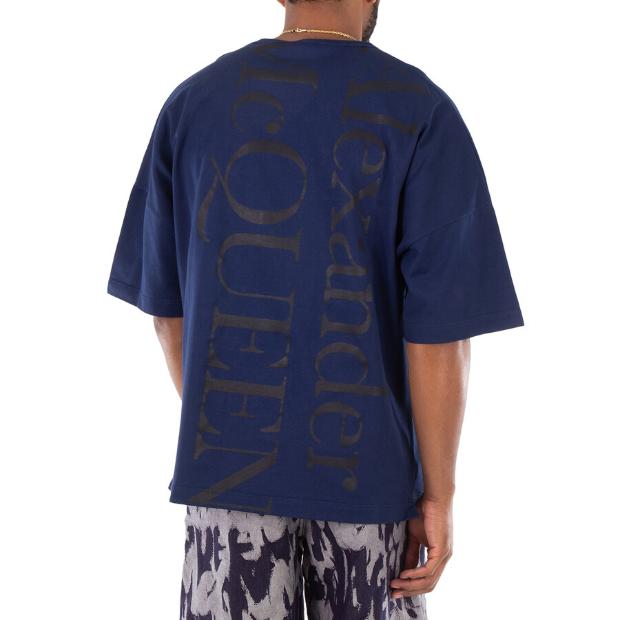 Alexander Mcqueen Men's Midnight Blue / Tonal Logo-Print Cotton T-Shirt - 4