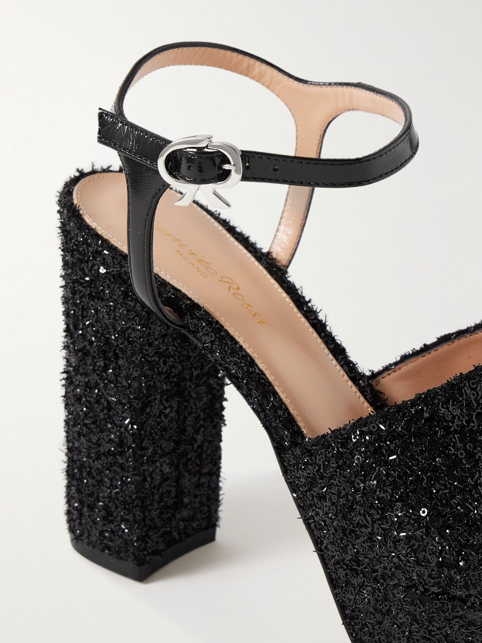 110 patent-leather trimmed embellished tulle platform sandals Black - 4