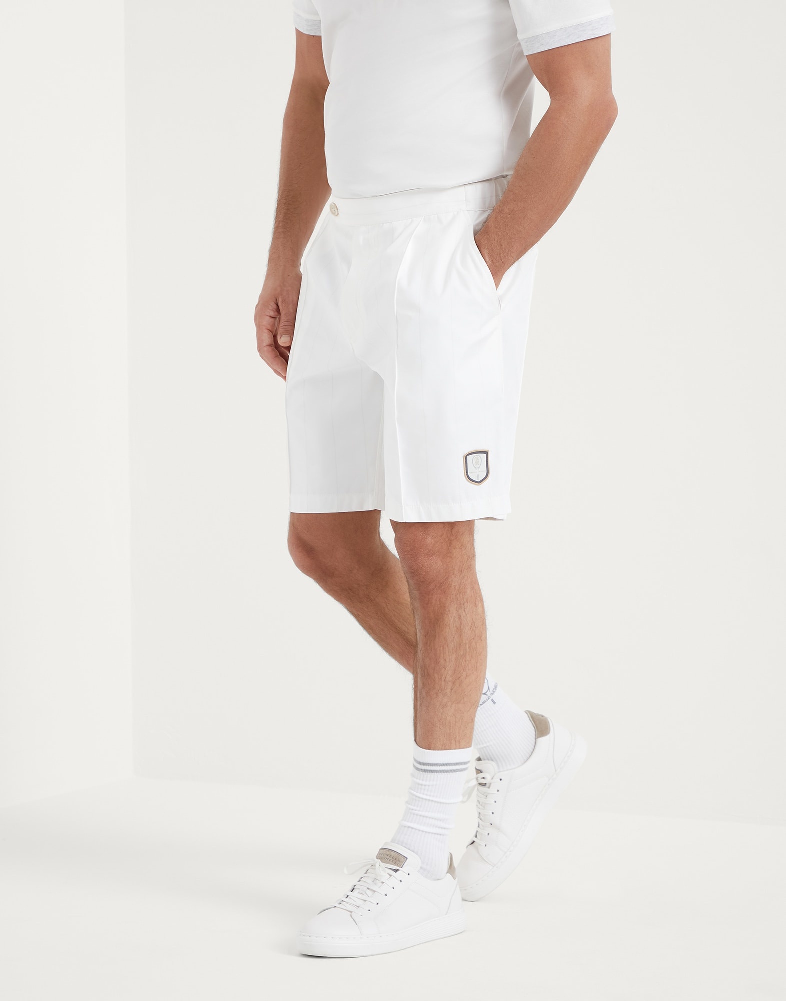 Chalk stripe nylon pleated Bermuda shorts with tabbed waistband and tennis badge - 1