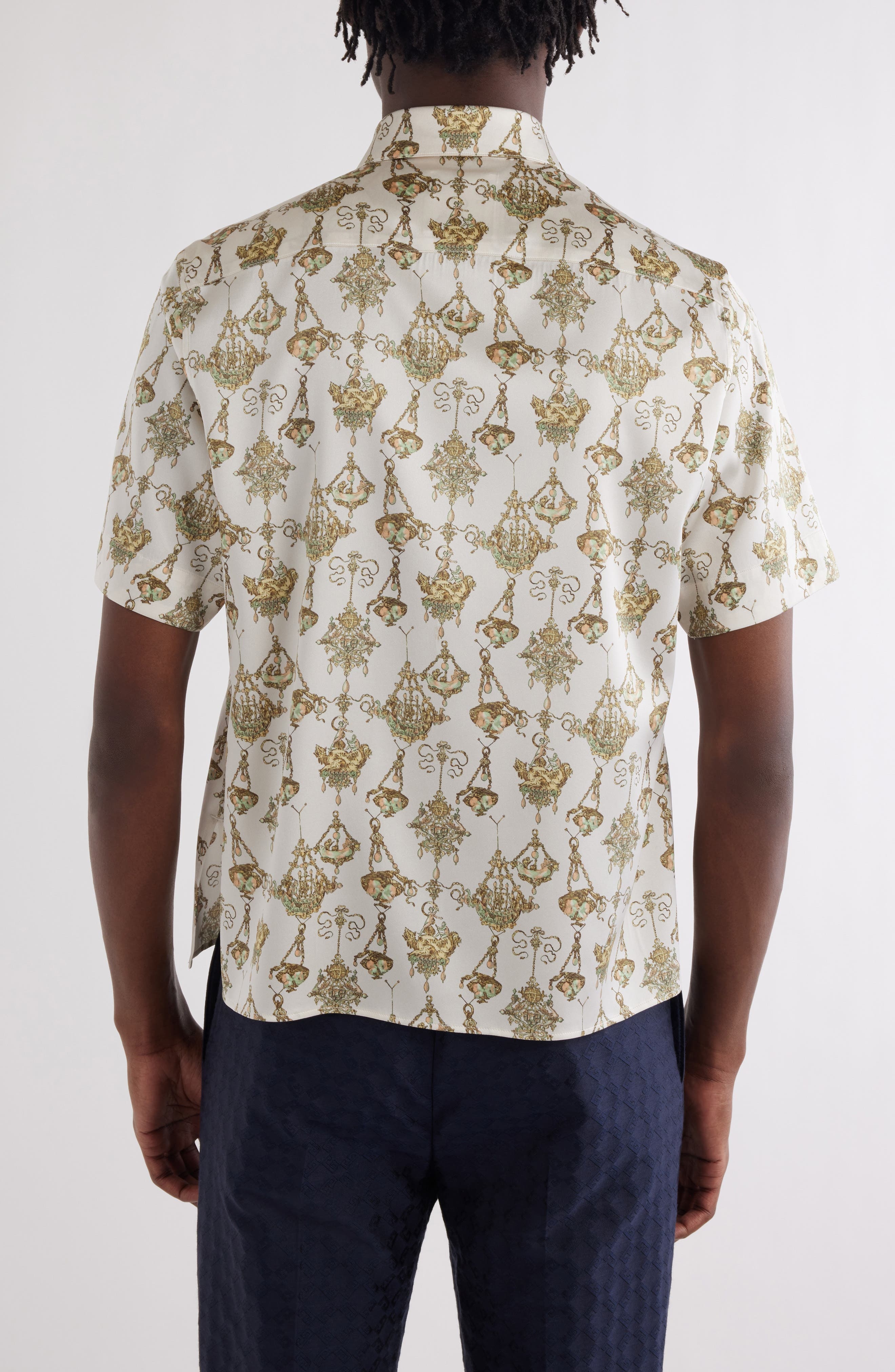 Givenchy Military Slim Fit Short Sleeve Stretch Silk Button-Up Shirt in Cream/Ochre at Nordstrom - 3