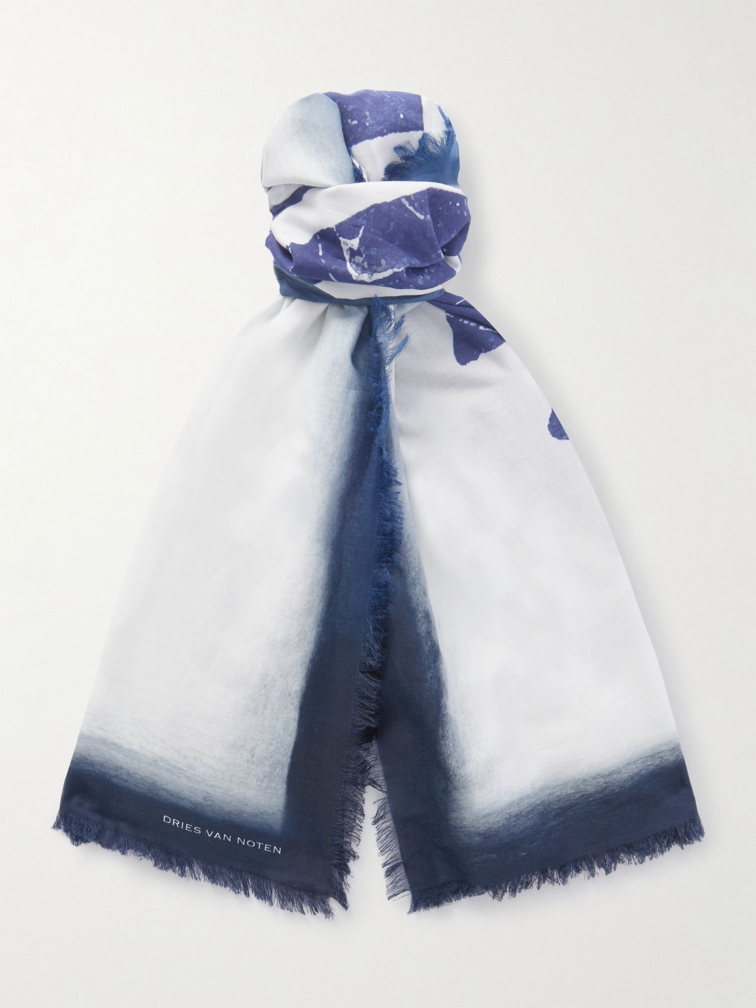 Fringed Printed Cotton-Voile Scarf Navy - 1