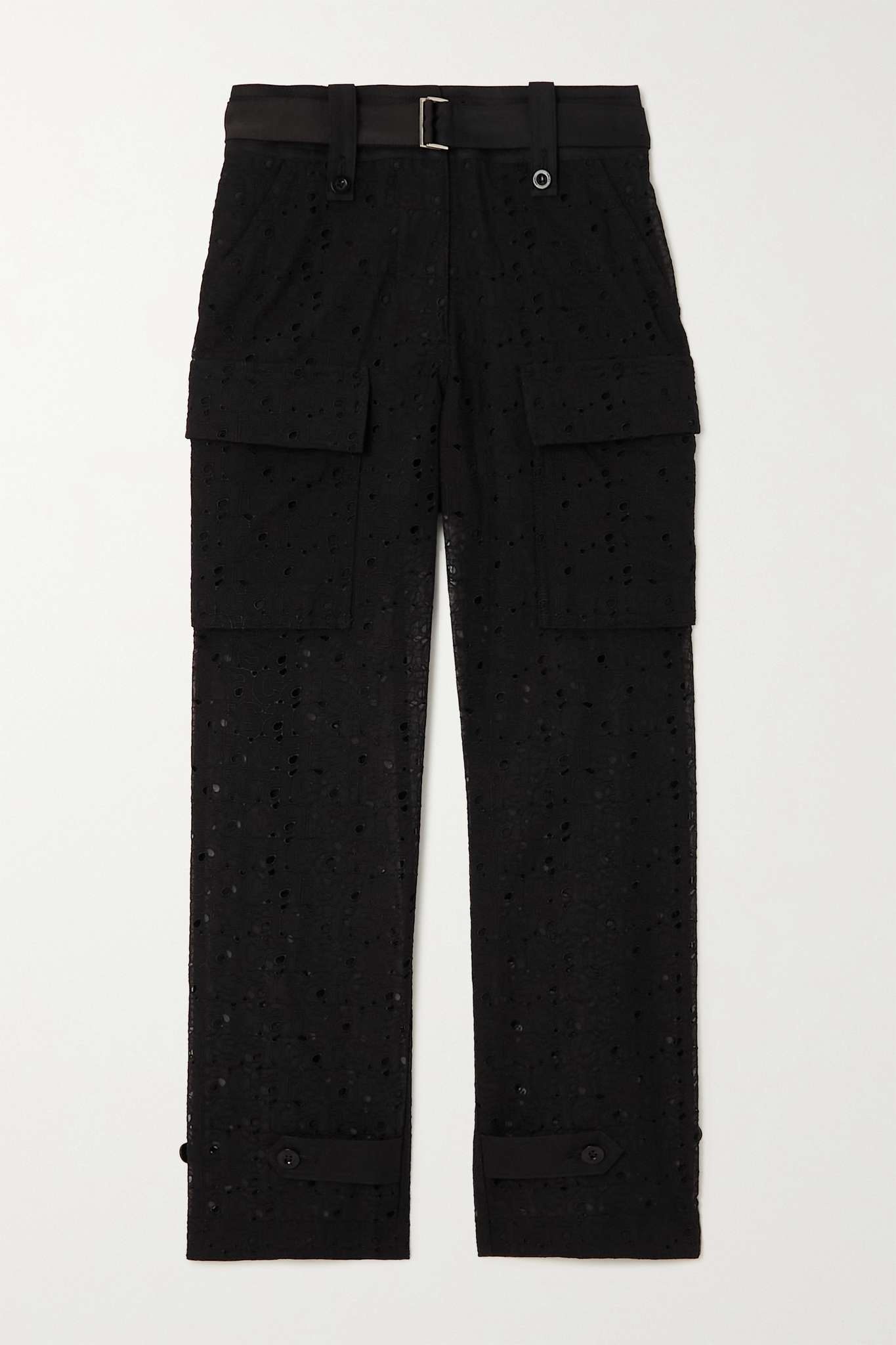 Sacai belted cotton-blend broderie anglaise straight-leg pants - 1