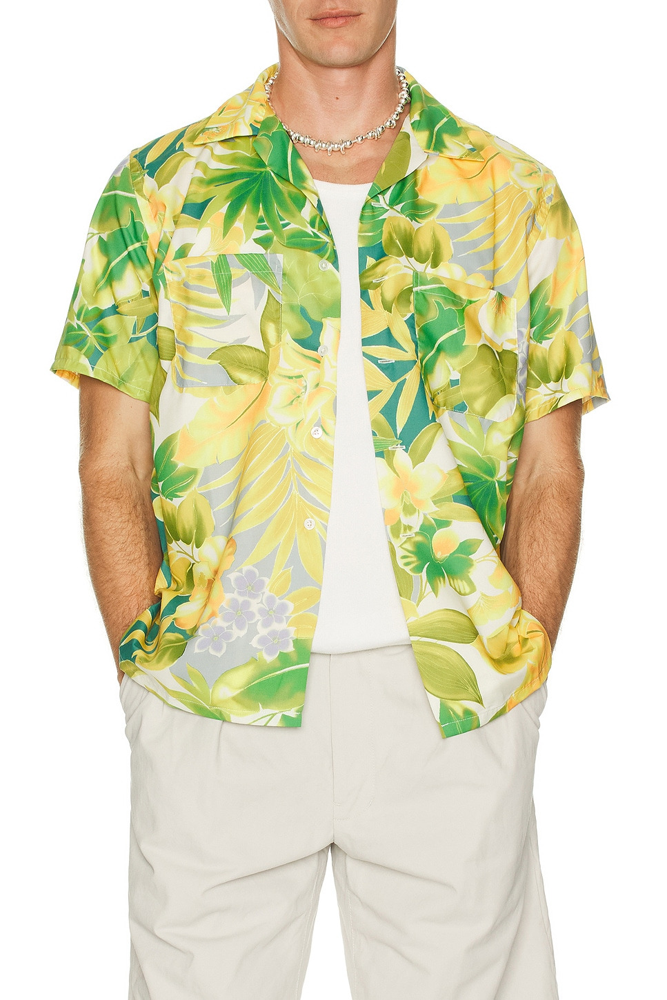 Open Collar Tropical Pattern Print - 3