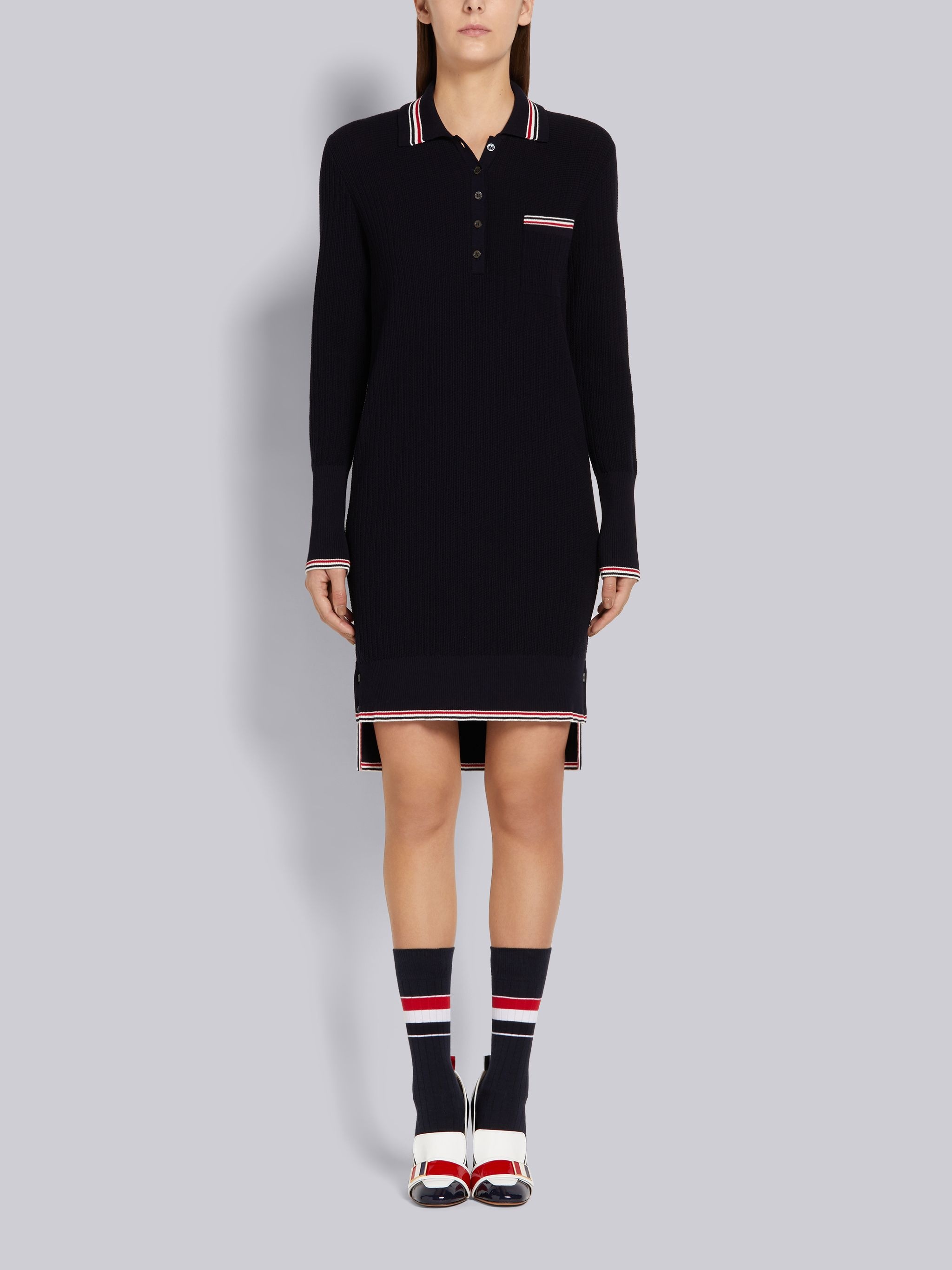 Navy Overtwisted Cotton Textured Stitch Stripe Long-sleeved Polo Dress - 1