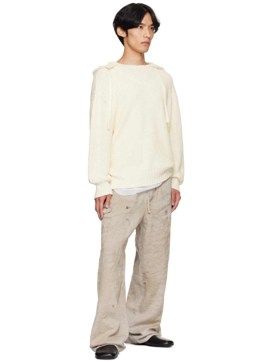 Beige Heavy Linen Herringbone Wide Easy Trousers - 4