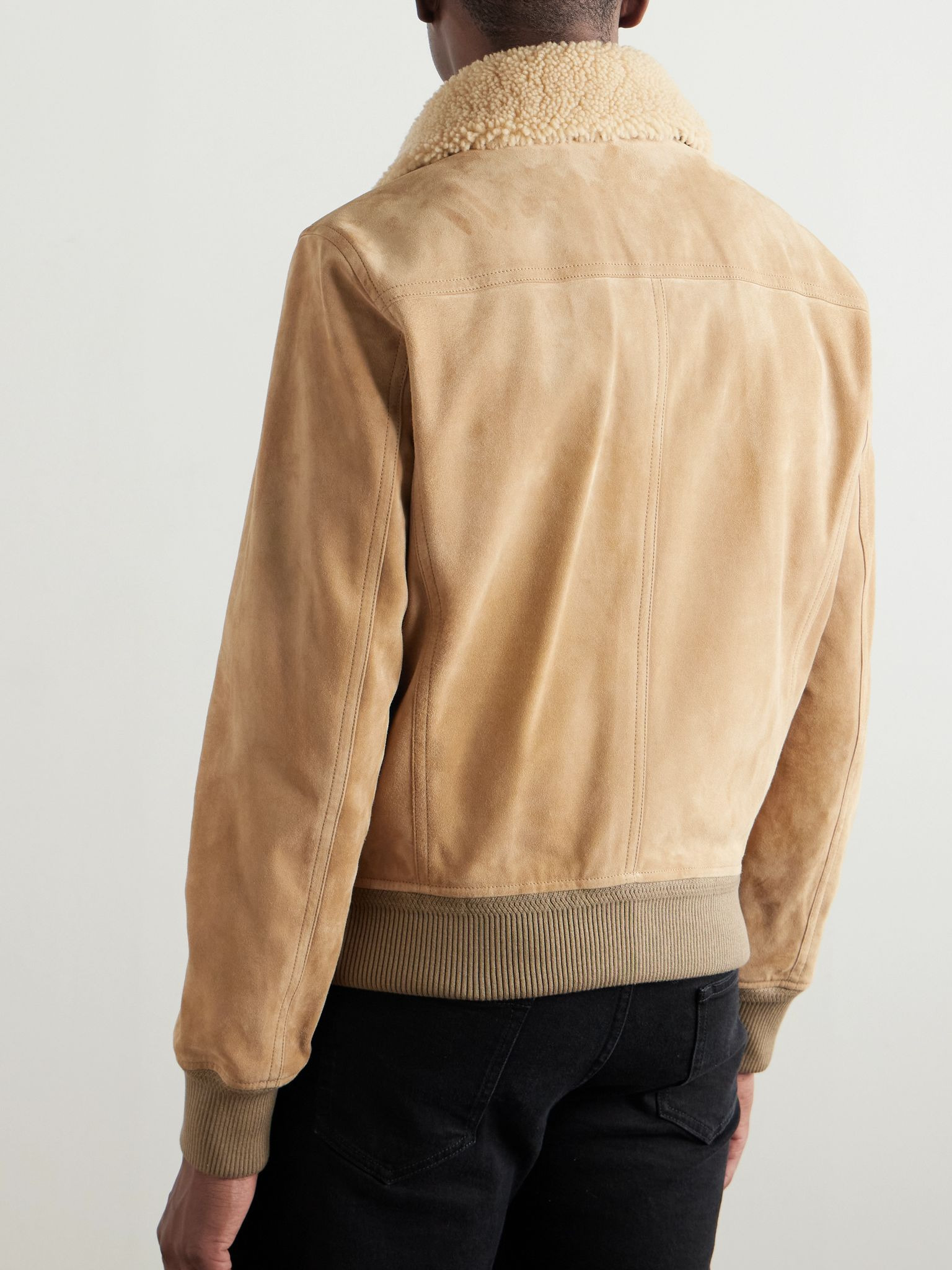 Shearling-Trimmed Suede Bomber Jacket Neutral - 4