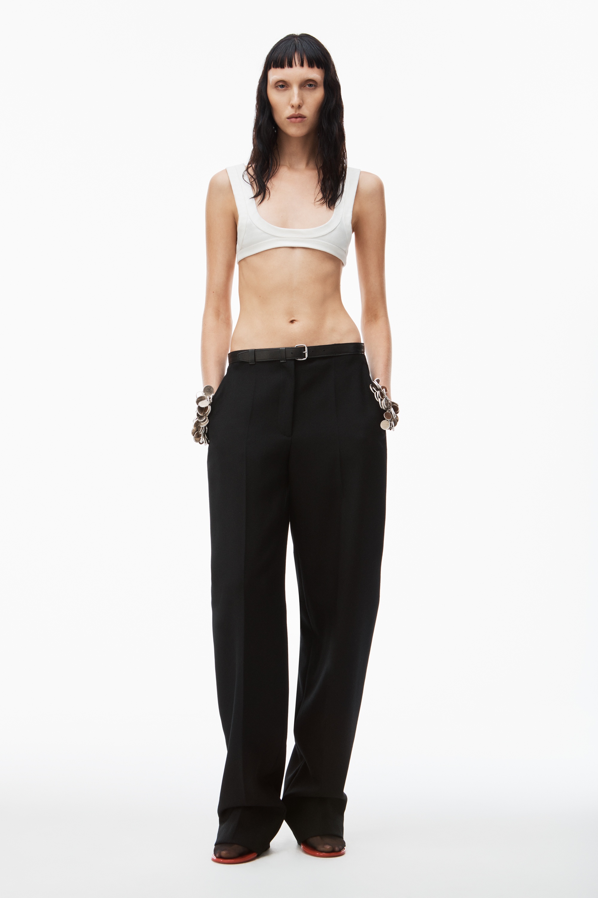 WOOL CANVAS LOW WAIST TROUSER WITH LEATHER BELTED WAISTBAND - 2