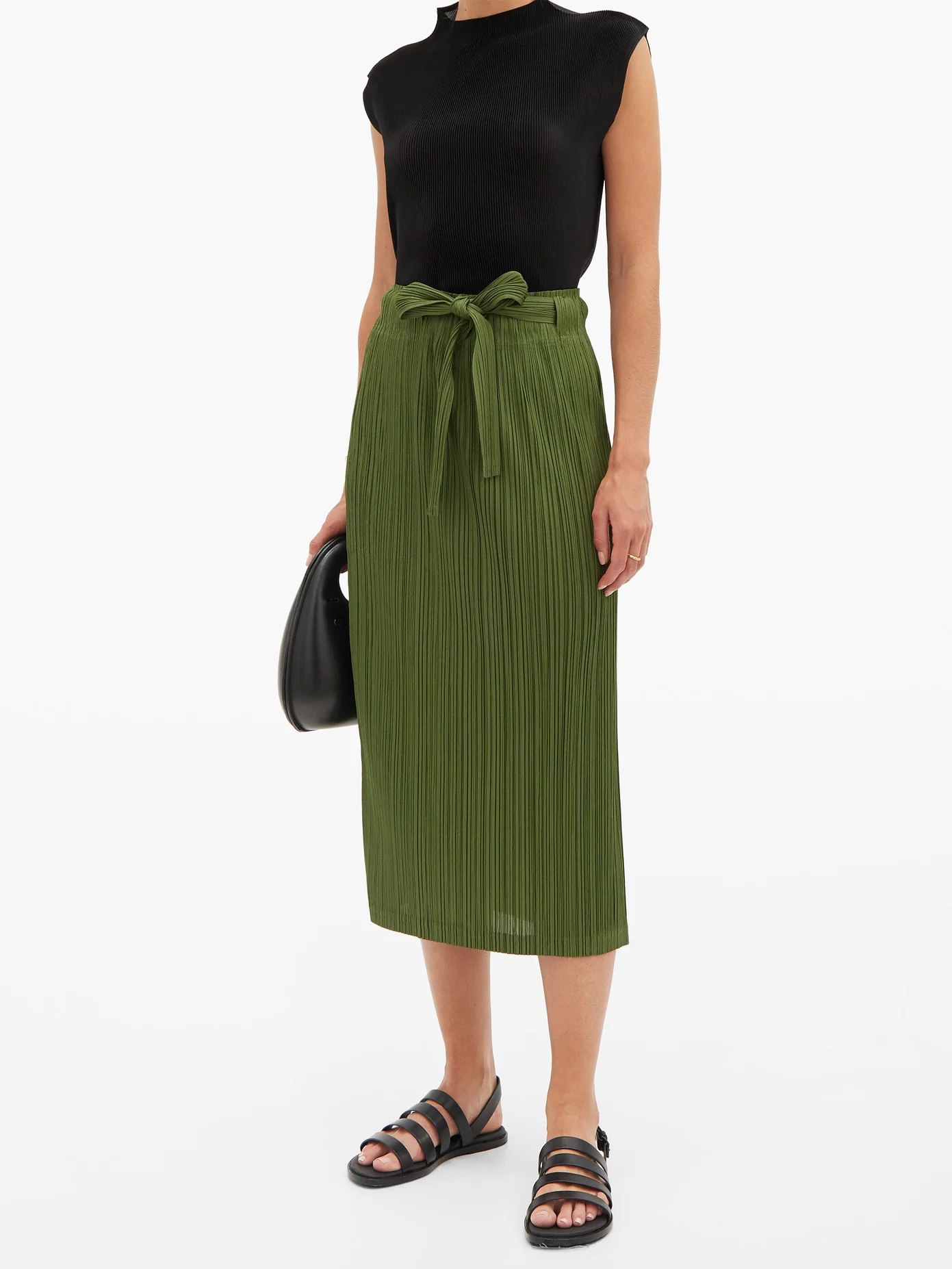 Sash-waist pleated-jersey midi skirt - 2