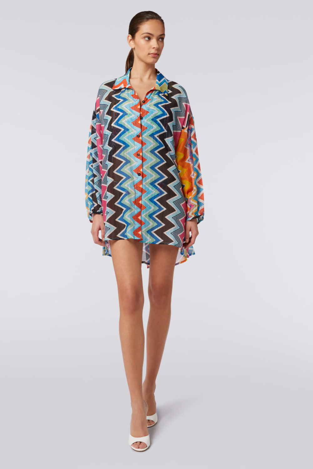 Silk and Cotton Oversize Blouse with Zig Zag Print - 1