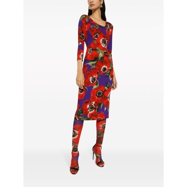 Poppy-print round-neck midi dress - 2