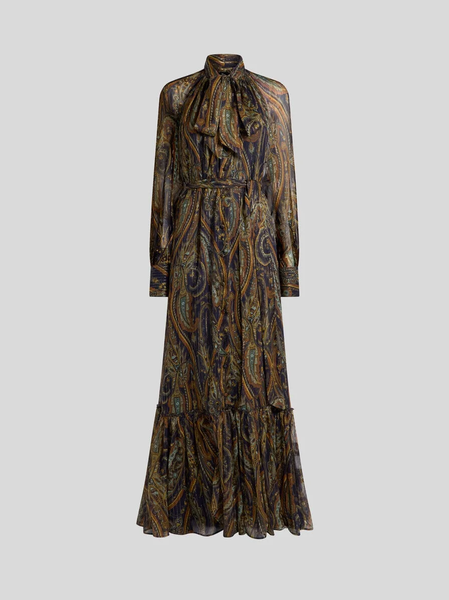 LONG SILK DRESS WITH BOW AND PAISLEY MOTIF - 1