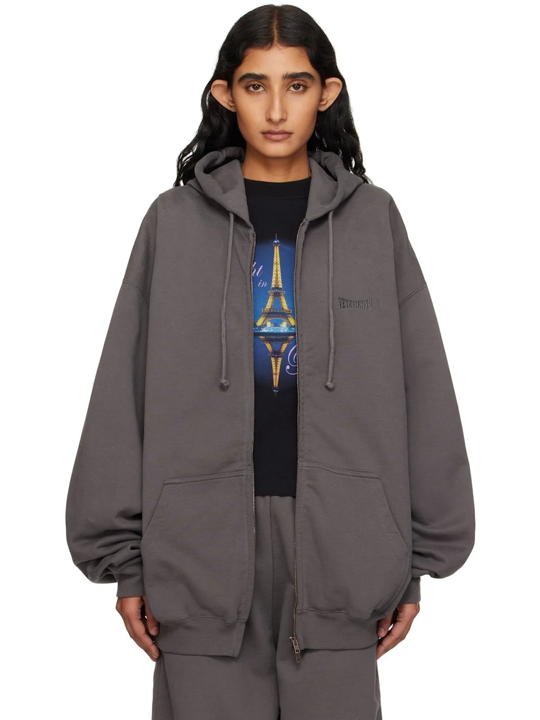 Gray Boxing Logo Oversized Zip-Up Hoodie - 1