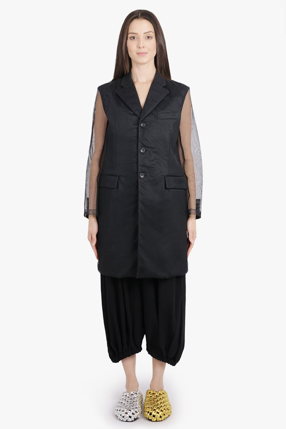 TULLE OVERLAY TAILORED LONG COAT WITH SHEER SLEEVES | BLACK - 3