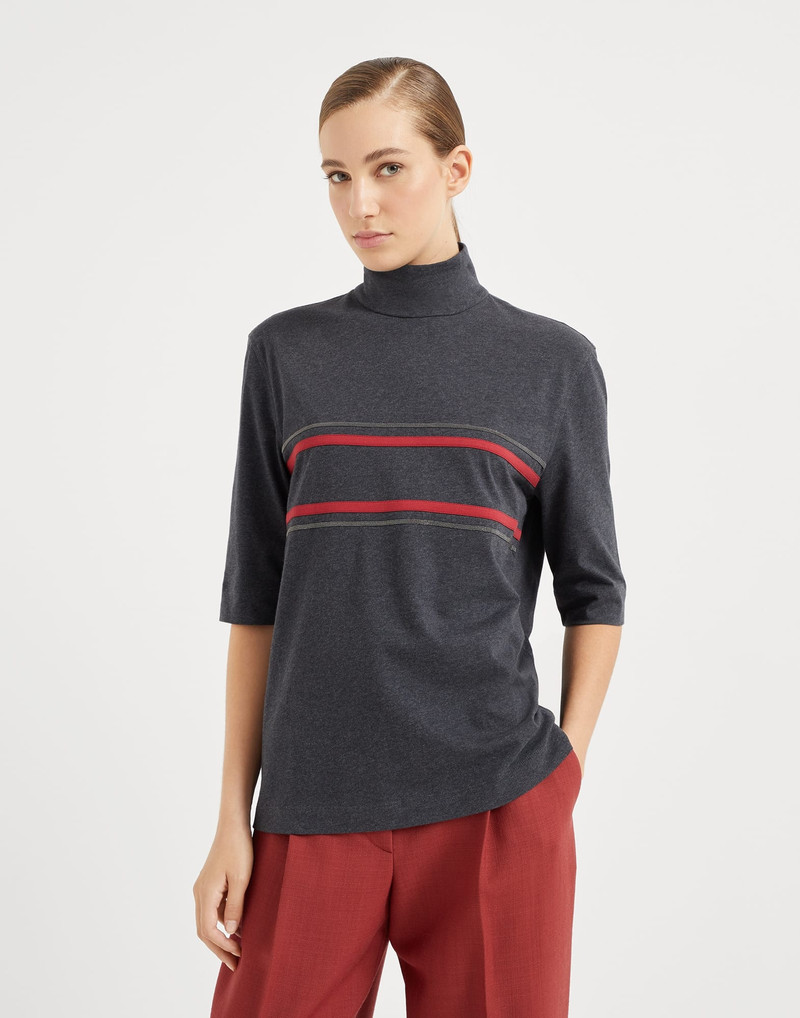 Cotton jersey turtleneck t-shirt with shiny stripes - 1