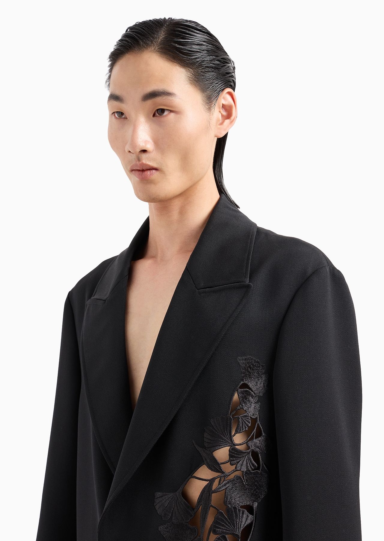 Single-breasted coat in compact virgin wool gabardine with ginkgo embroidery and cut-outs - 5