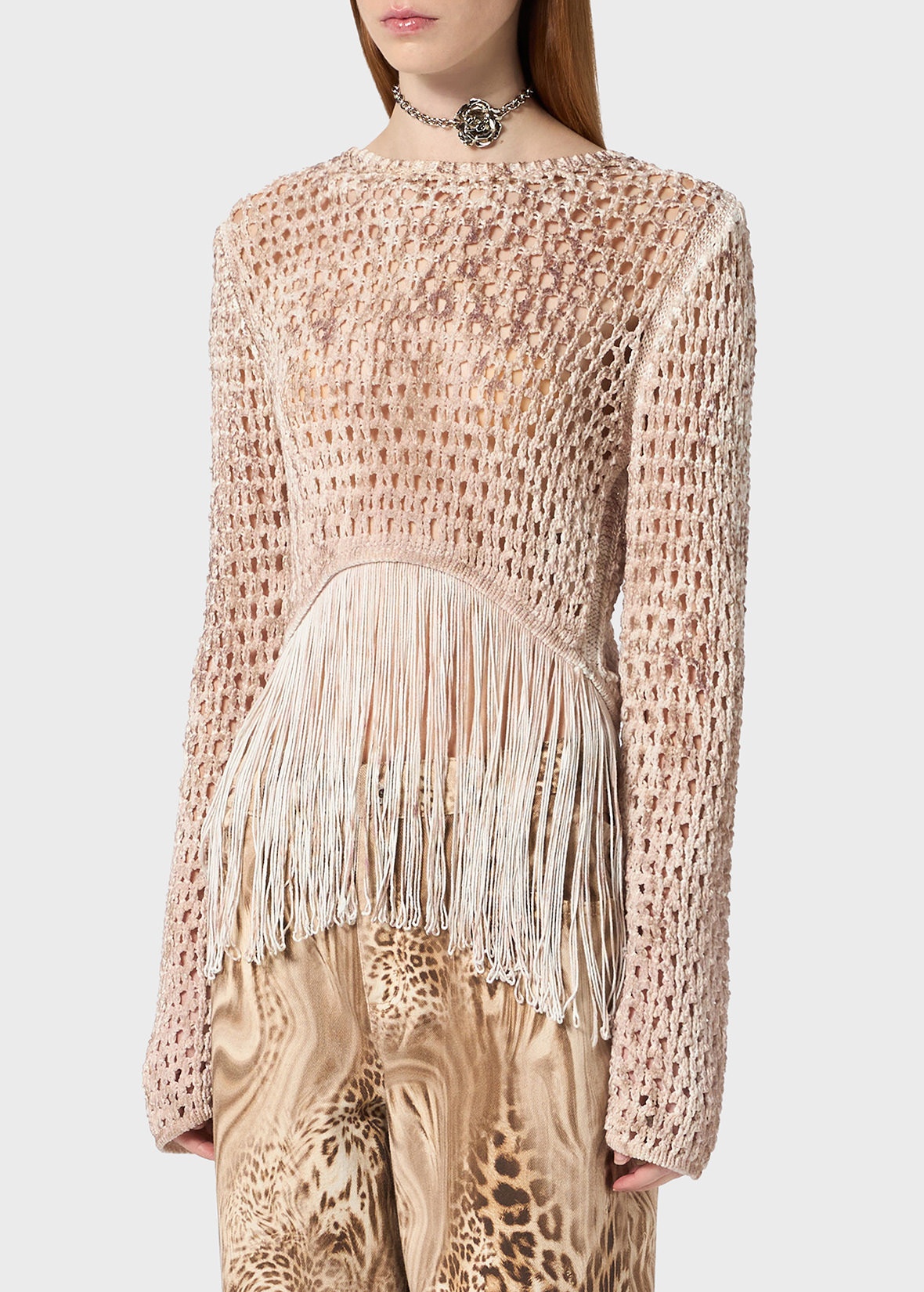 PRINTED KNIT SWEATER WITH FRINGES - 5