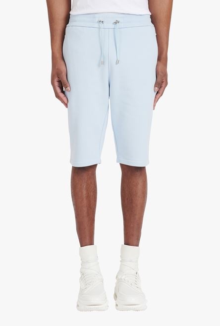 Pale blue eco-designed cotton shorts with flocked white Balmain Paris logo - 5
