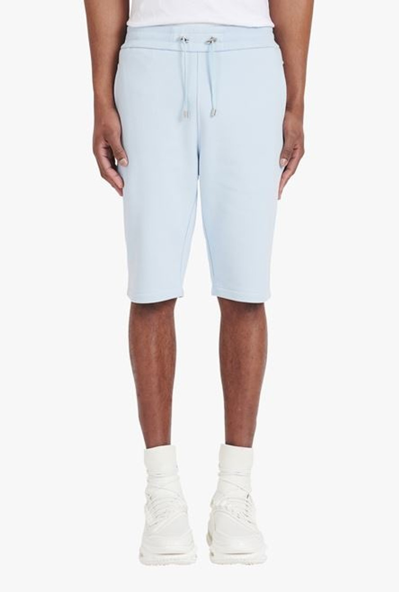 Pale blue eco-designed cotton shorts with flocked white Balmain Paris logo 5